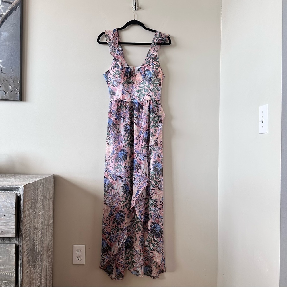 Guess Pink Floral Ruffle-Shoulder High-Low Maxi Dress